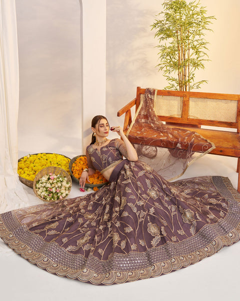 Drak Onion Thread Work Net Unstitched Women Lehenga Choli