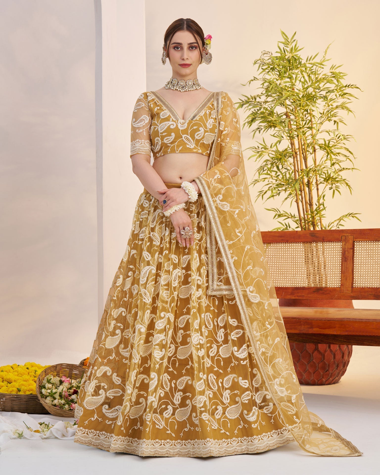 Light Golden Thread Work Net Unstitched Women Lehenga Choli