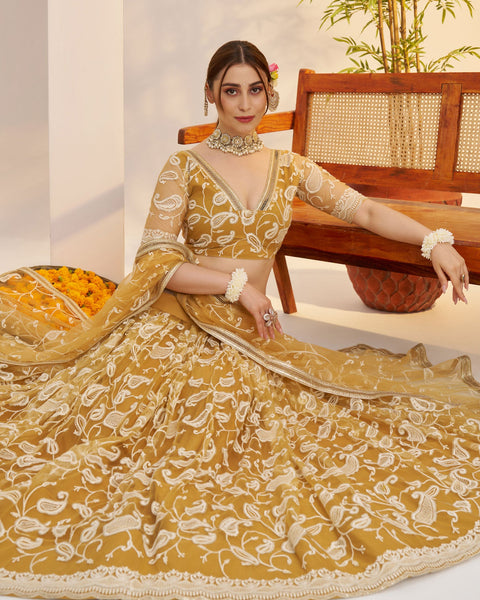 Light Golden Thread Work Net Unstitched Women Lehenga Choli