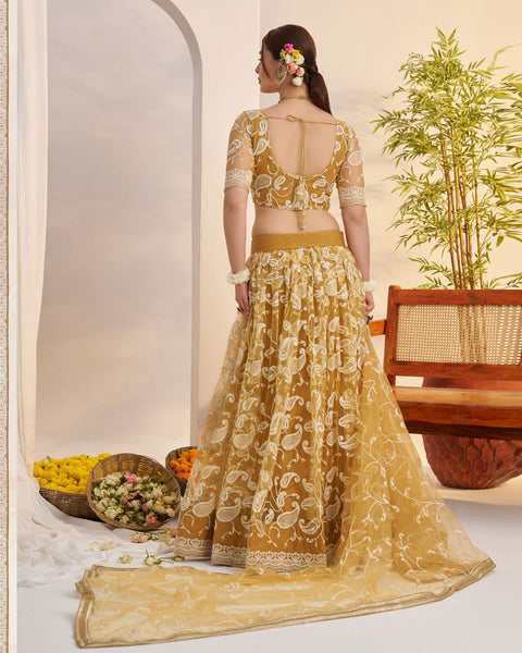 Light Golden Thread Work Net Unstitched Women Lehenga Choli