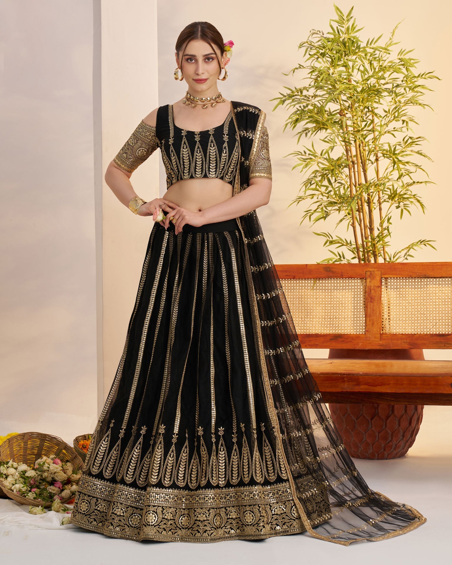 Black Thread Work Net Unstitched Women Lehenga Choli