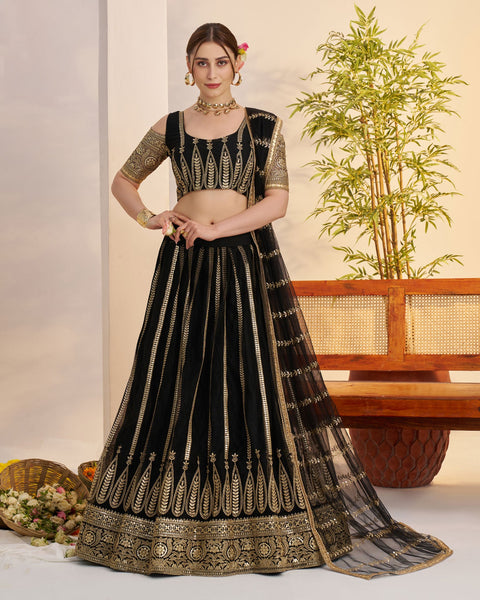 Black Thread Work Net Unstitched Women Lehenga Choli