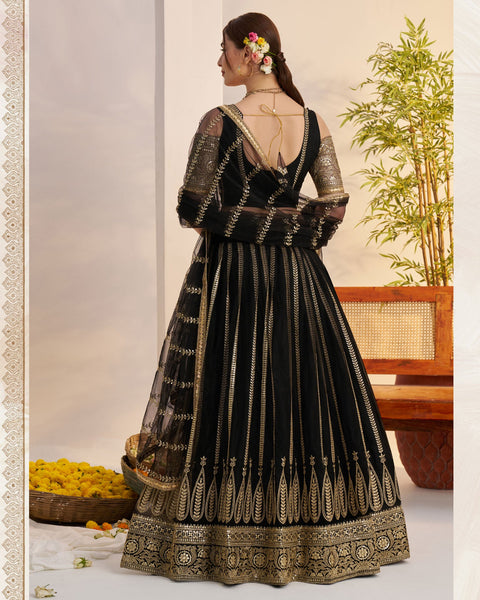 Black Thread Work Net Unstitched Women Lehenga Choli