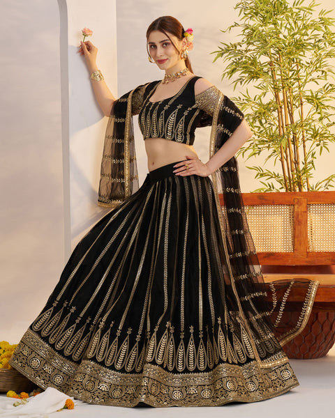 Black Thread Work Net Unstitched Women Lehenga Choli