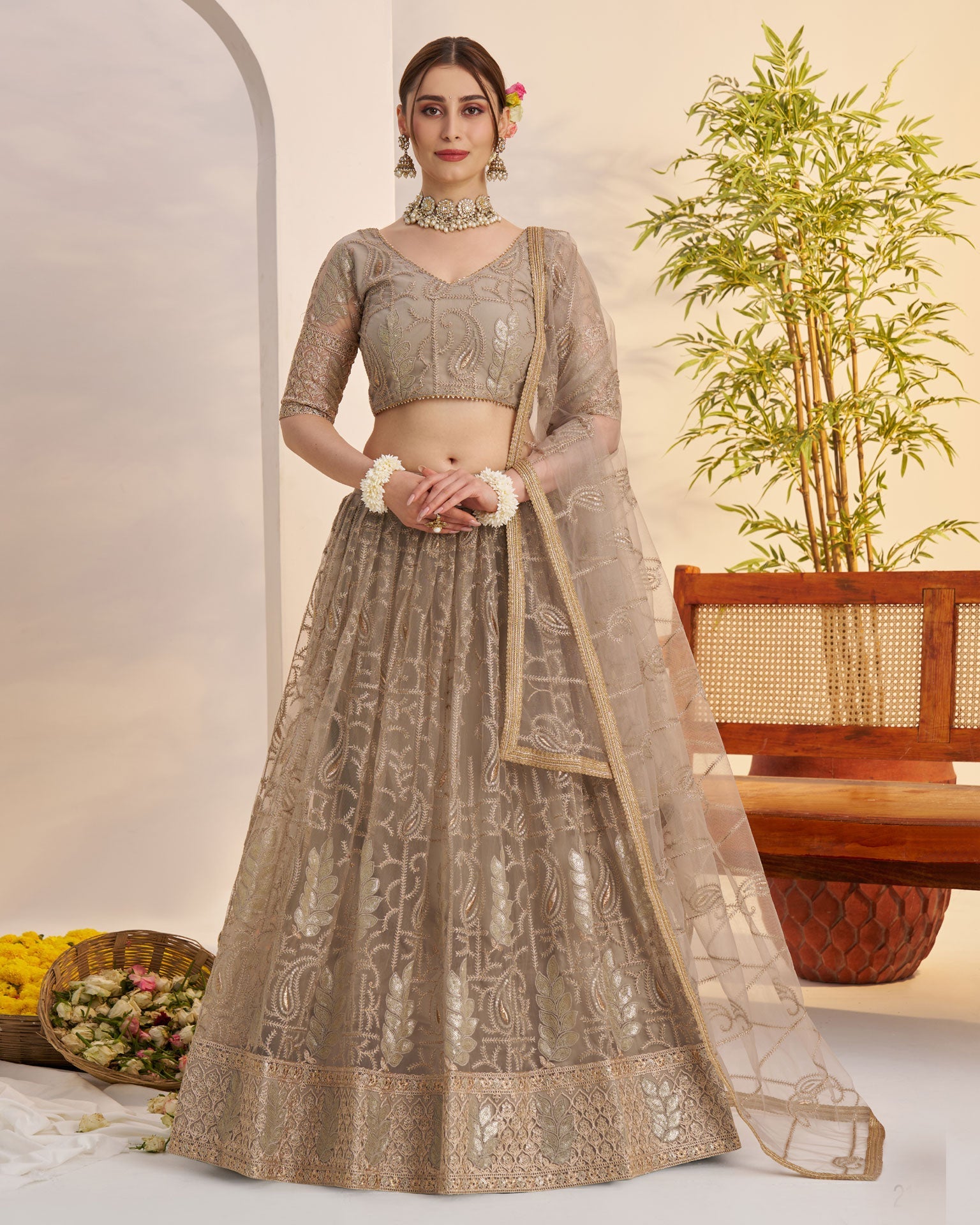 Metalic Grey Thread Work Net Unstitched Women Lehenga Choli