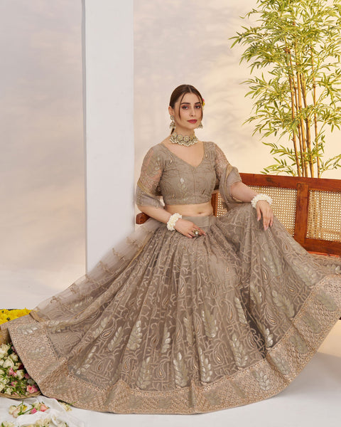 Metalic Grey Thread Work Net Unstitched Women Lehenga Choli