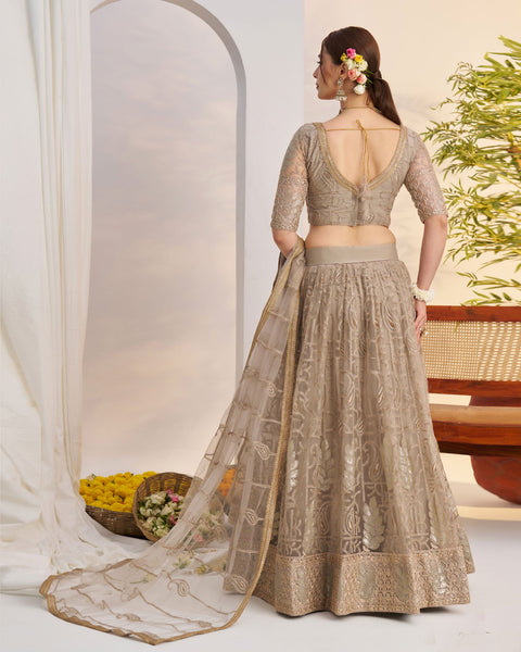 Metalic Grey Thread Work Net Unstitched Women Lehenga Choli