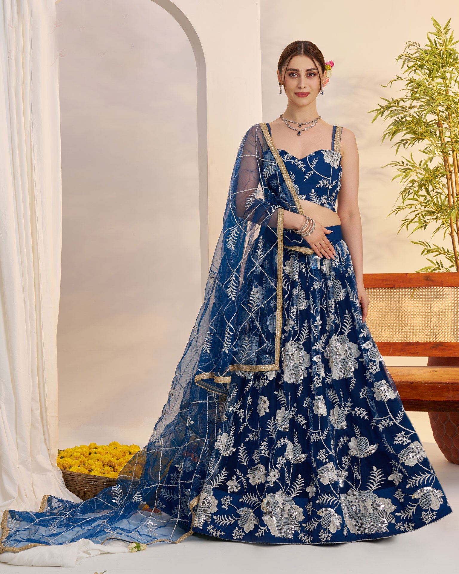 Blue Thread Work Net Unstitched Women Lehenga Choli