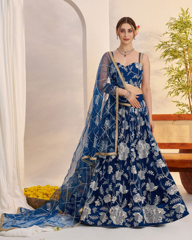 Blue Thread Work Net Unstitched Women Lehenga Choli