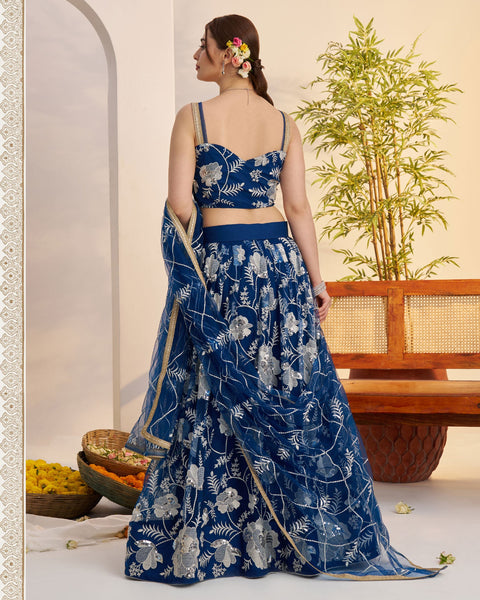 Blue Thread Work Net Unstitched Women Lehenga Choli