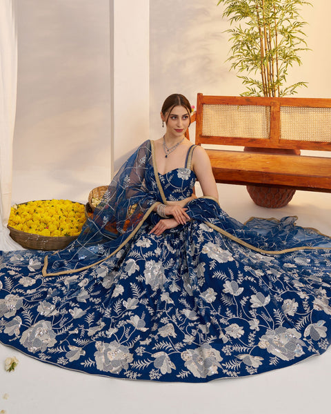 Blue Thread Work Net Unstitched Women Lehenga Choli
