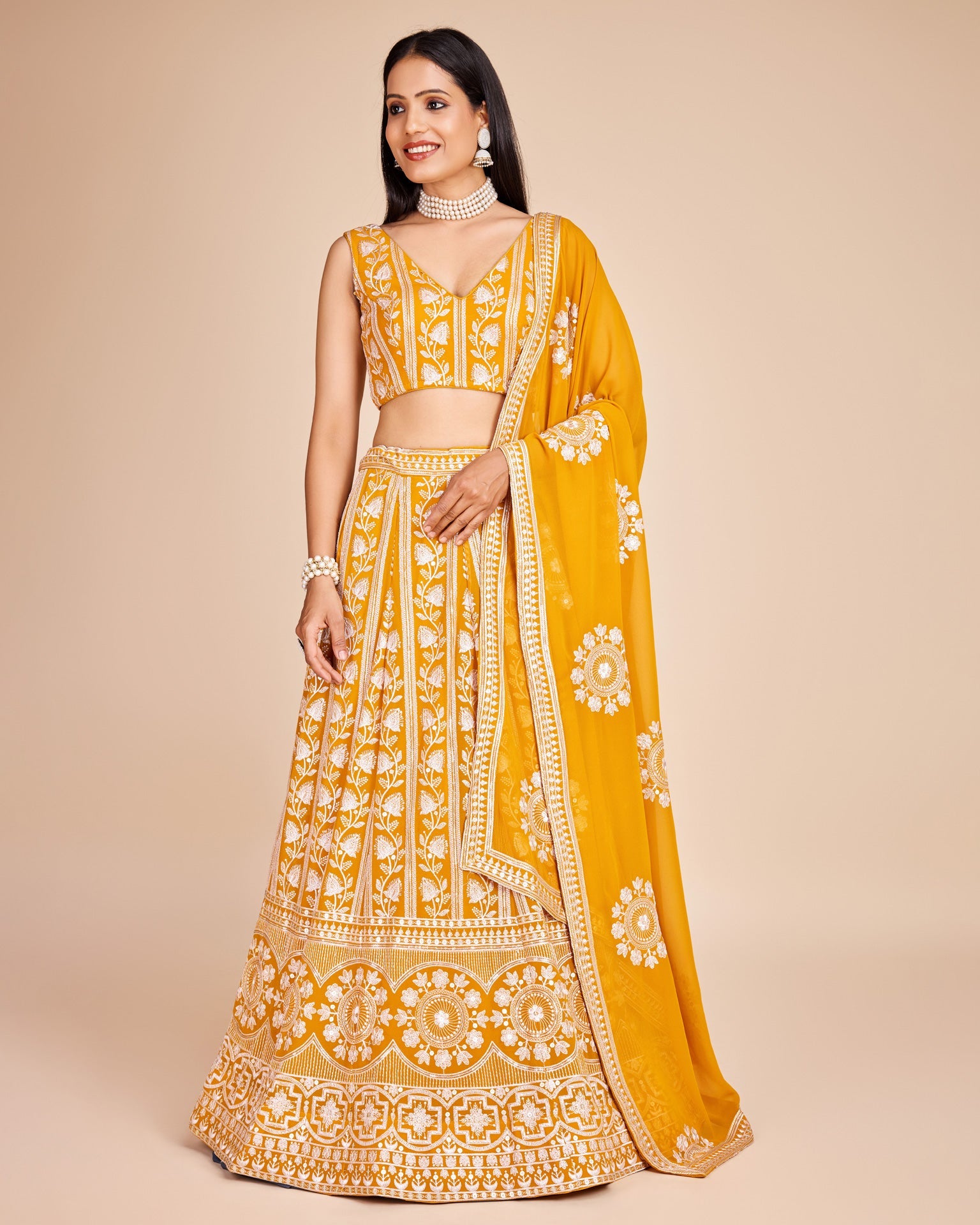 Yellow Thread & Sequins Work Faux Georgette Lehenga Choli With Embroidered Dupatta