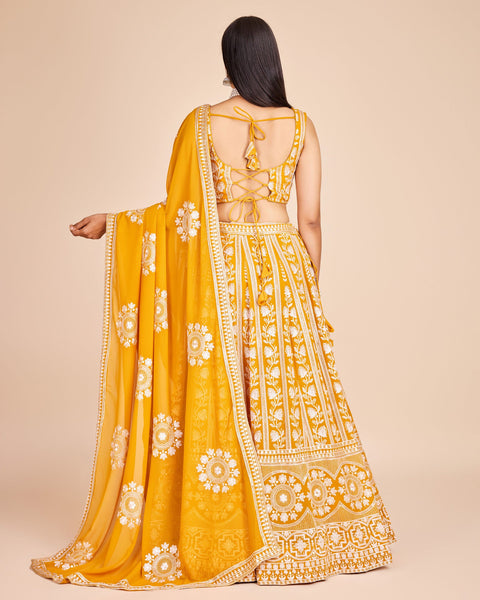 Yellow Thread & Sequins Work Faux Georgette Lehenga Choli With Embroidered Dupatta