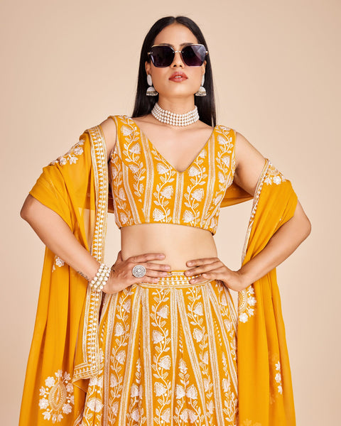 Yellow Thread & Sequins Work Faux Georgette Lehenga Choli With Embroidered Dupatta