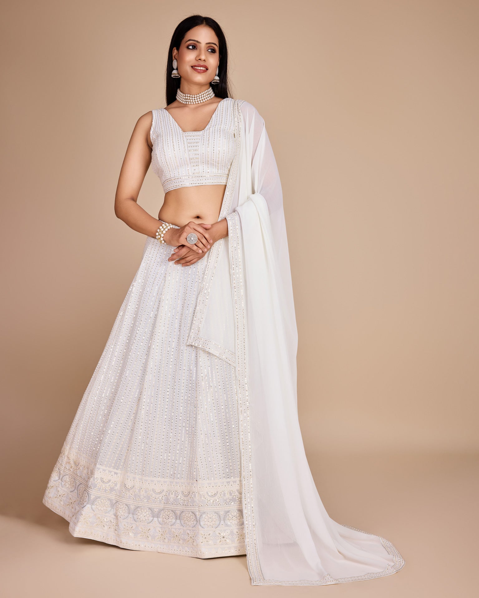 White Thread & Sequins Work Faux Georgette Lehenga Choli With Embroidered Dupatta