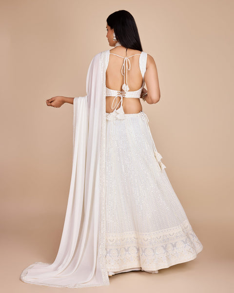 White Thread & Sequins Work Faux Georgette Lehenga Choli With Embroidered Dupatta