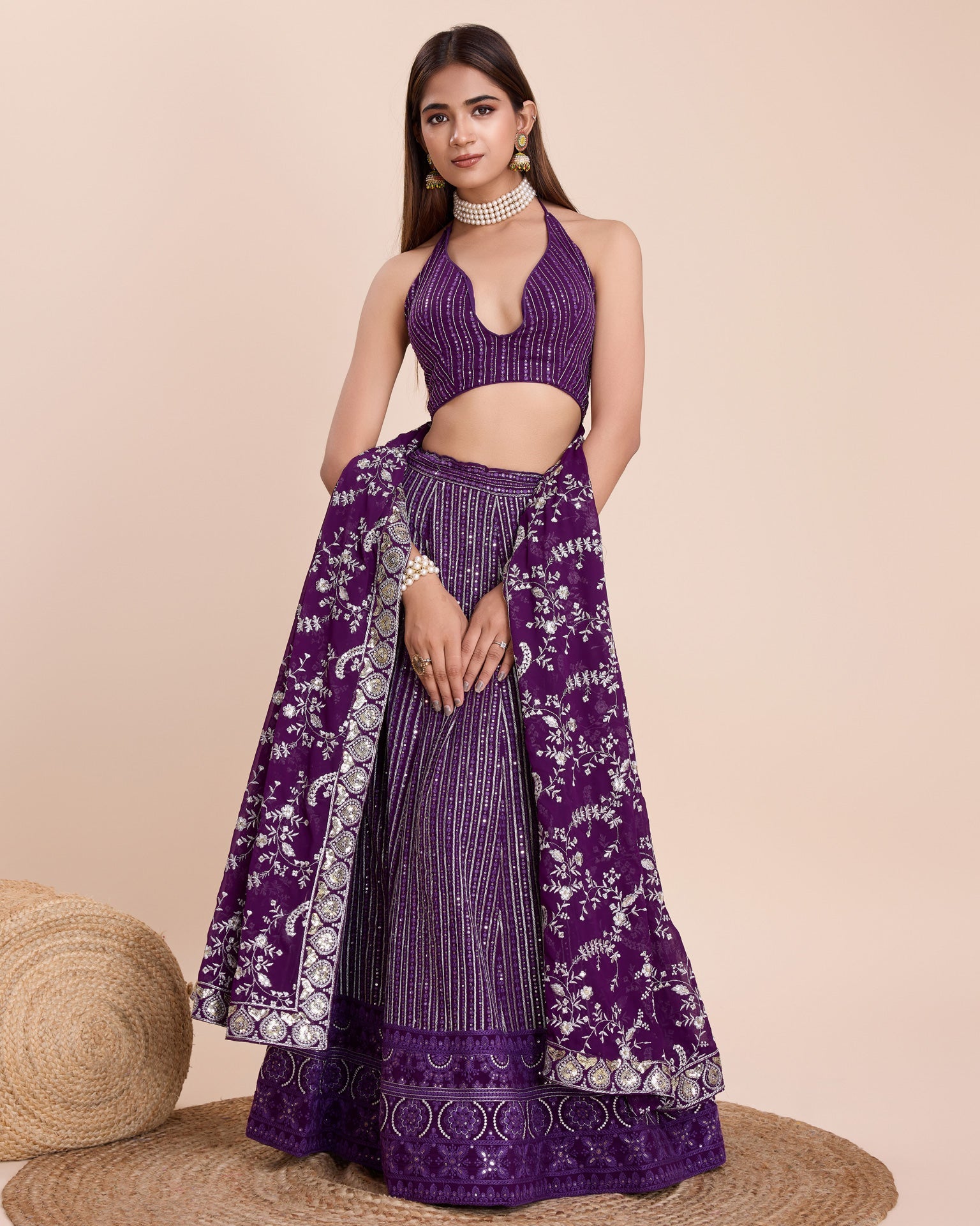 Purple Thread & Sequins Work Faux Georgette Lehenga Choli With Embroidered Dupatta