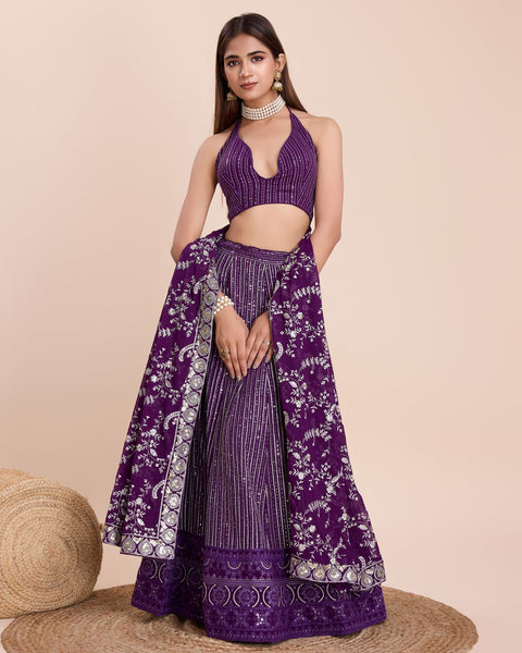 Purple Thread & Sequins Work Faux Georgette Lehenga Choli With Embroidered Dupatta