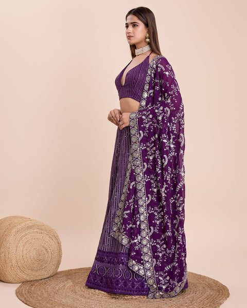 Purple Thread & Sequins Work Faux Georgette Lehenga Choli With Embroidered Dupatta