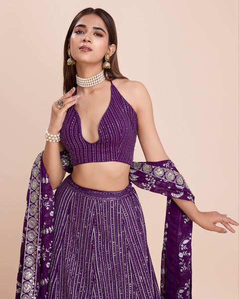 Purple Thread & Sequins Work Faux Georgette Lehenga Choli With Embroidered Dupatta