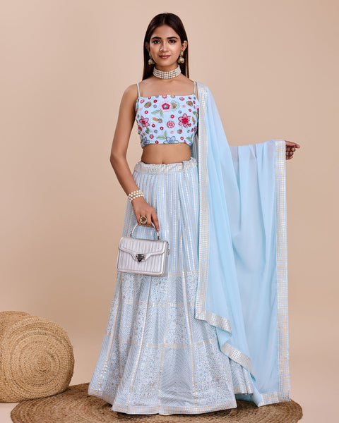 Sky Blue Thread & Sequins Work Faux Georgette Lehenga Choli With Embroidered Dupatta