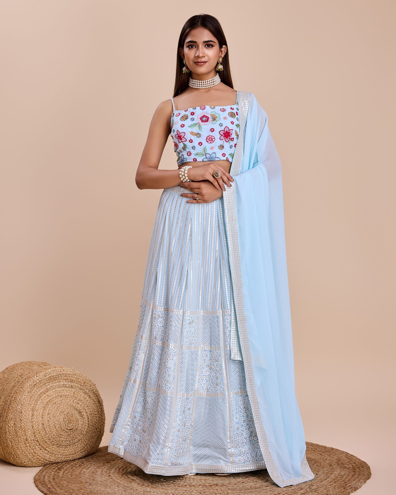 Sky Blue Thread & Sequins Work Faux Georgette Lehenga Choli With Embroidered Dupatta