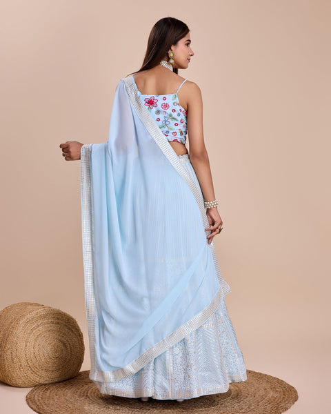 Sky Blue Thread & Sequins Work Faux Georgette Lehenga Choli With Embroidered Dupatta