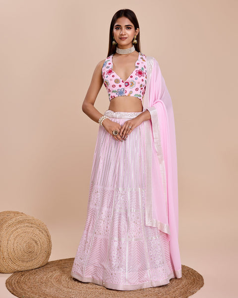 Pink Thread & Sequins Work Faux Georgette Lehenga Choli With Embroidered Dupatta