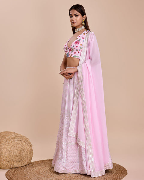 Pink Thread & Sequins Work Faux Georgette Lehenga Choli With Embroidered Dupatta