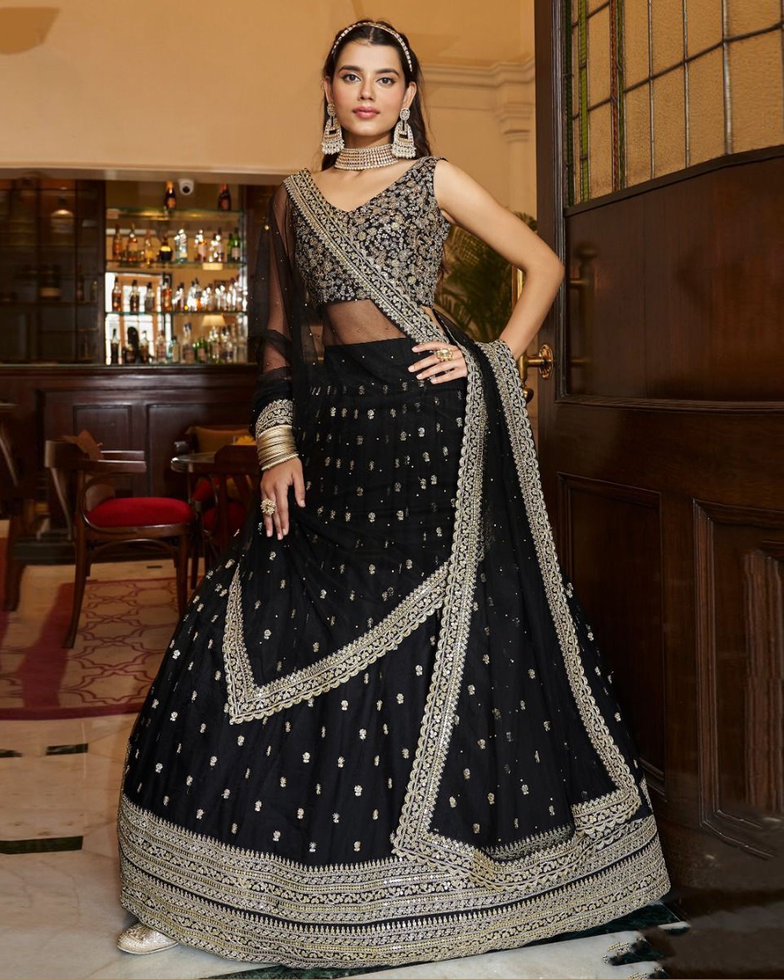 Black Zari & Sequins Work Faux Georgette Lehenga Choli With Embroidered Dupatta