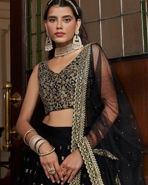 Black Zari & Sequins Work Faux Georgette Lehenga Choli With Embroidered Dupatta