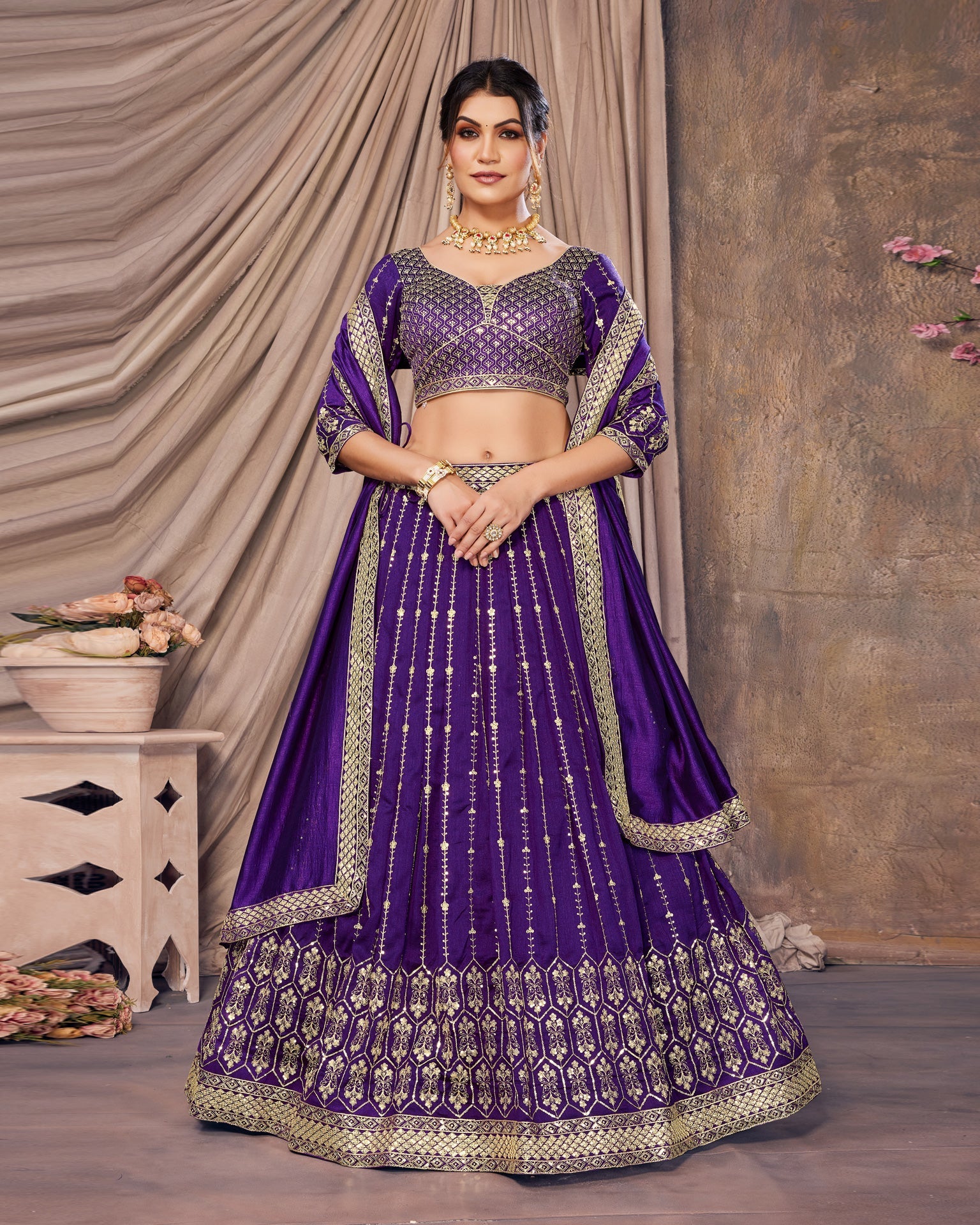 Purple Zari & Sequins Work Vichitra Silk Lehenga Choli With Silk Dupatta