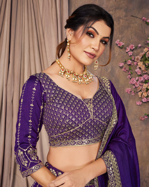 Purple Zari & Sequins Work Vichitra Silk Lehenga Choli With Silk Dupatta