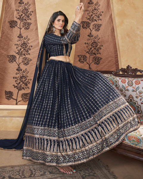 Navy Blue Georgette Lehenga Choli With Georgette Dupatta