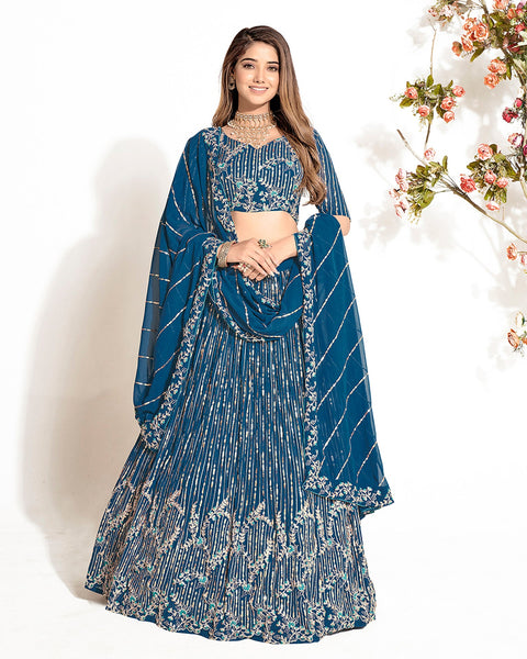Indigo Blue Georgette Lehenga Choli With Embroidered Dupatta
