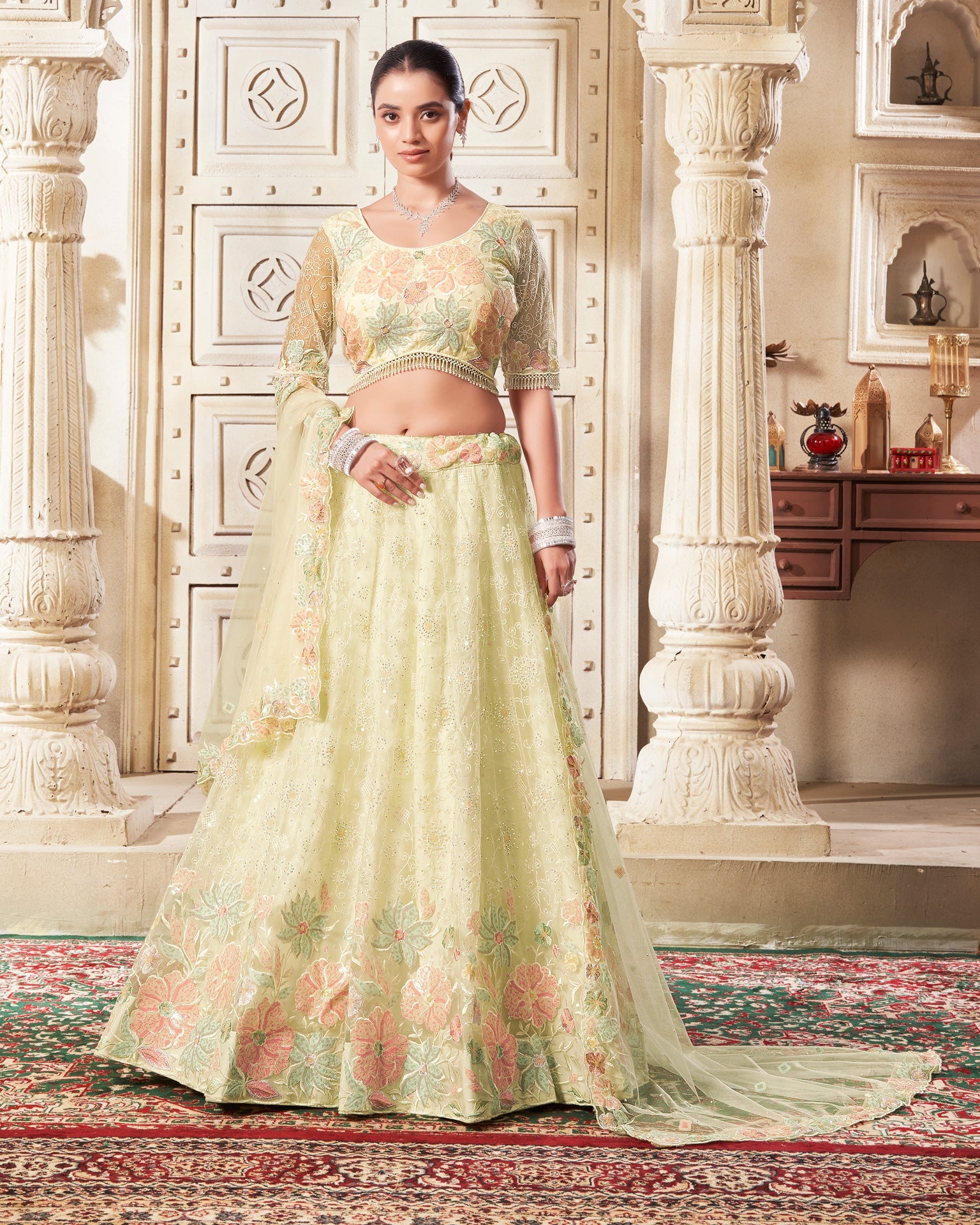 Lemon Net Readymade Sequins Work Embroidered Lehenga Choli For Women Girls