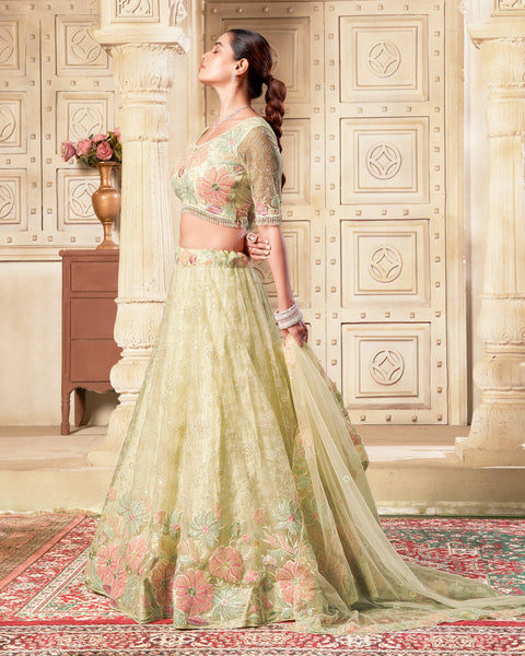 Lemon Net Readymade Sequins Work Embroidered Lehenga Choli For Women Girls