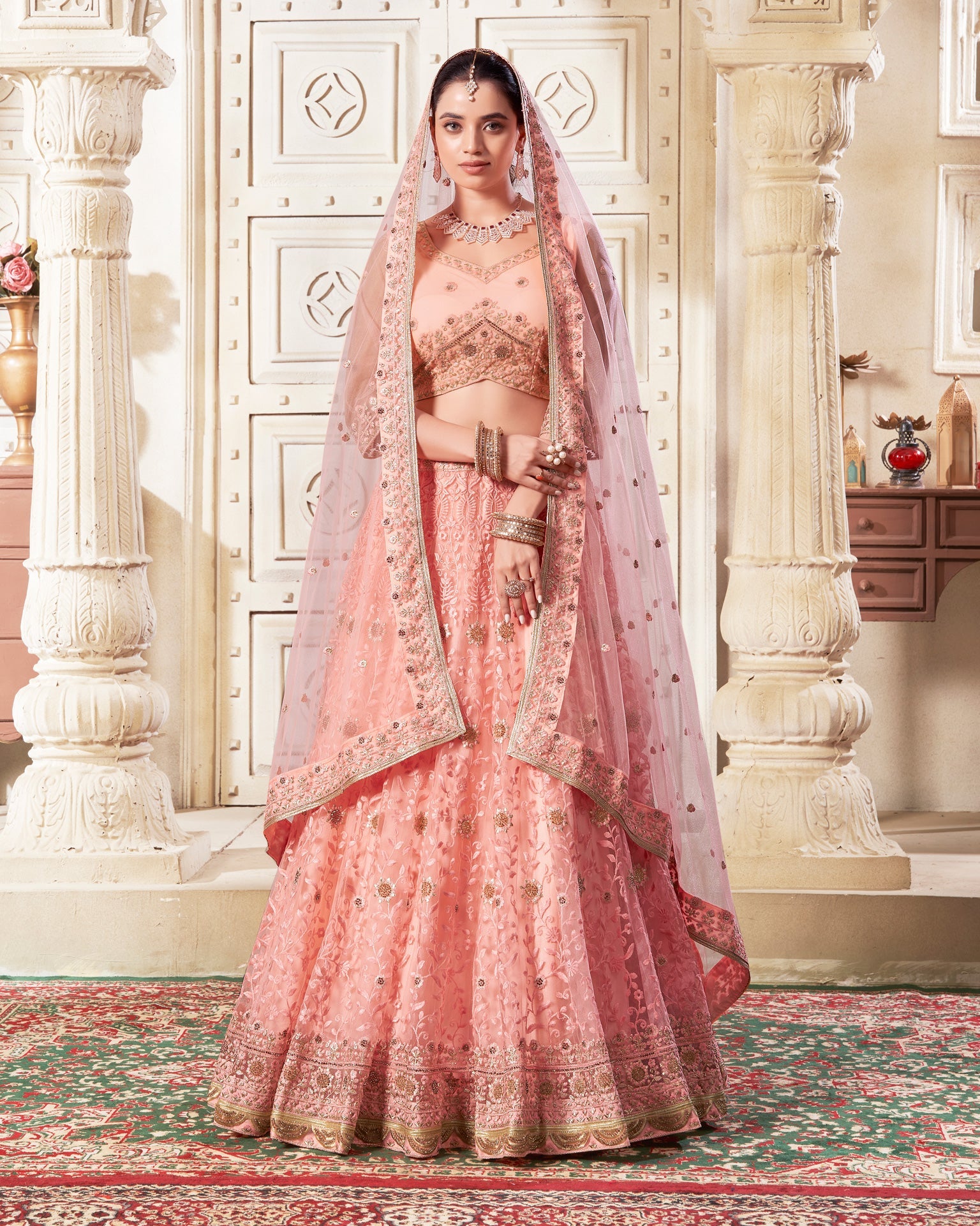 Dark Peach Net Readymade Thread Work Embroidered Lehenga Choli For Women Girls