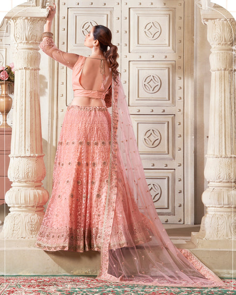 Dark Peach Net Readymade Thread Work Embroidered Lehenga Choli For Women Girls