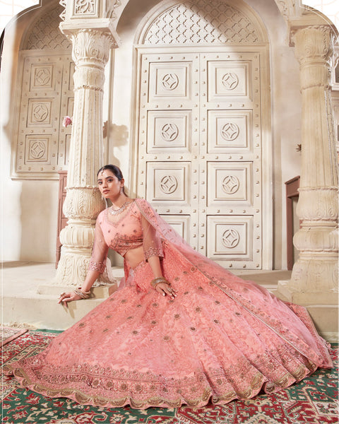 Dark Peach Net Readymade Thread Work Embroidered Lehenga Choli For Women Girls