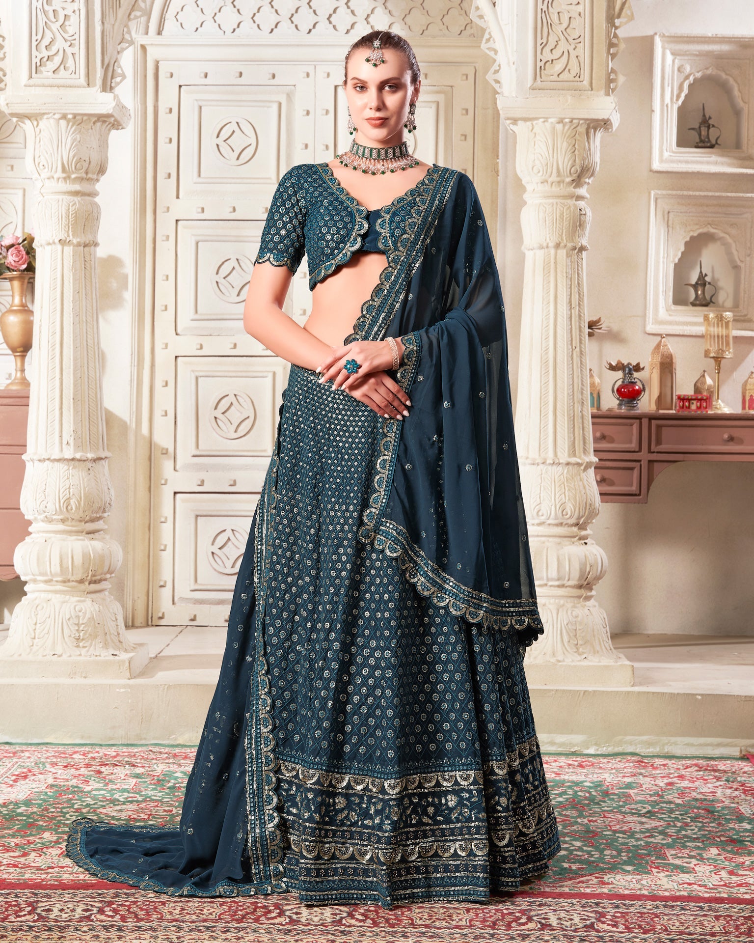 Navy Blue Georgette Readymade Sequins Work Embroidered Lehenga Choli For Women Girls