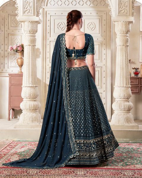 Navy Blue Georgette Readymade Sequins Work Embroidered Lehenga Choli For Women Girls