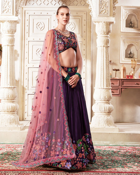 Wine silk Readymade Sequins Work Embroidered Lehenga Choli For Women Girls