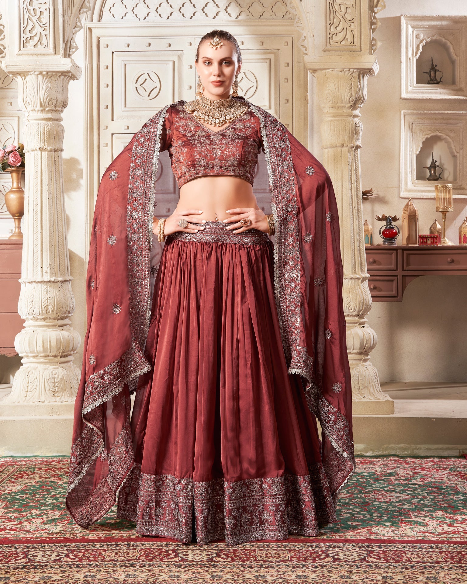 Brown Rangoli Silk Readymade Sequins Work Embroidered Lehenga Choli For Women Girls