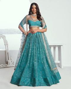 Rama Green Net Sequins & Thread Work Customized Women Lehenga Choli With Embroidered Dupatta