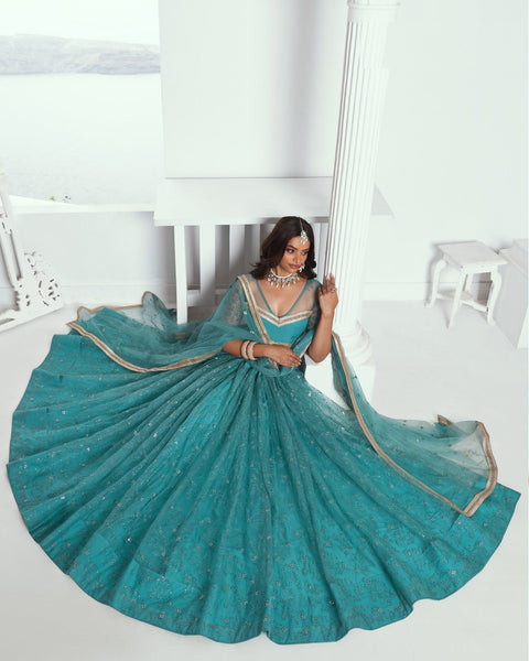 Rama Green Net Sequins & Thread Work Customized Women Lehenga Choli With Embroidered Dupatta