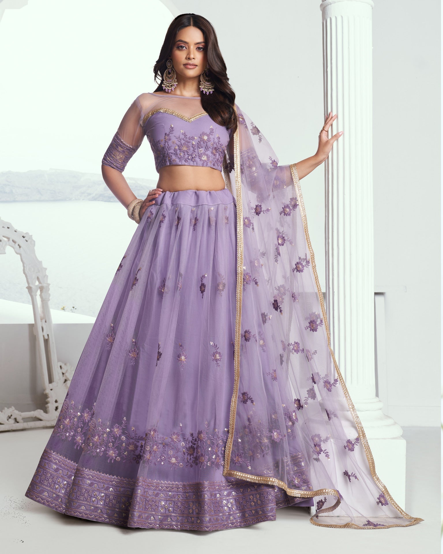 Lavender Net Sequins & Thread Work Customized Women Lehenga Choli With Embroidered Dupatta