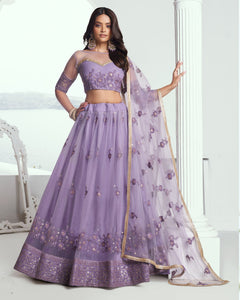 Lavender Net Sequins & Thread Work Customized Women Lehenga Choli With Embroidered Dupatta