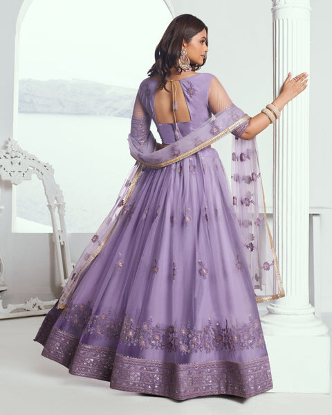 Lavender Net Sequins & Thread Work Customized Women Lehenga Choli With Embroidered Dupatta