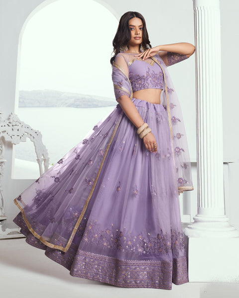 Lavender Net Sequins & Thread Work Customized Women Lehenga Choli With Embroidered Dupatta